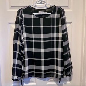 Calvin Klein blouse top plaid Women Medium long sleeve black white shirt